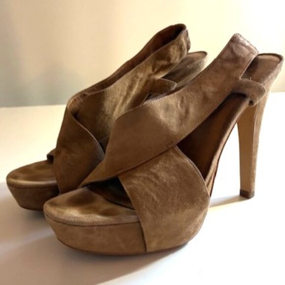 DvF Zia Camel Suede Platform Criss Cross Sandal | 4.5" Heel; 3” Pitch| Sz 8.5 - Picture 6 of 16